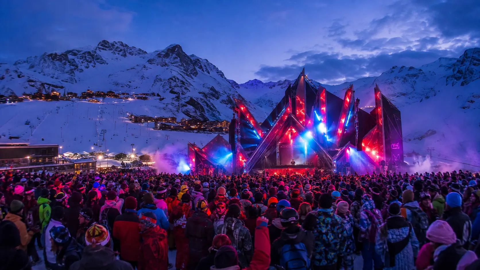 Outdoor winter EDM festival in the snowy Alps